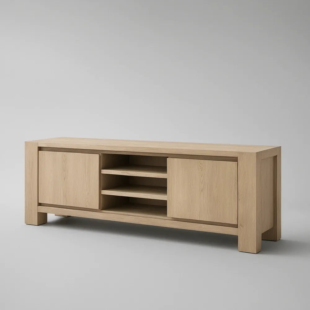 TV stolek z přírodního dubu se 2 dvířky a 3 otevřenými policemi, 180 × 45 × 65 cm