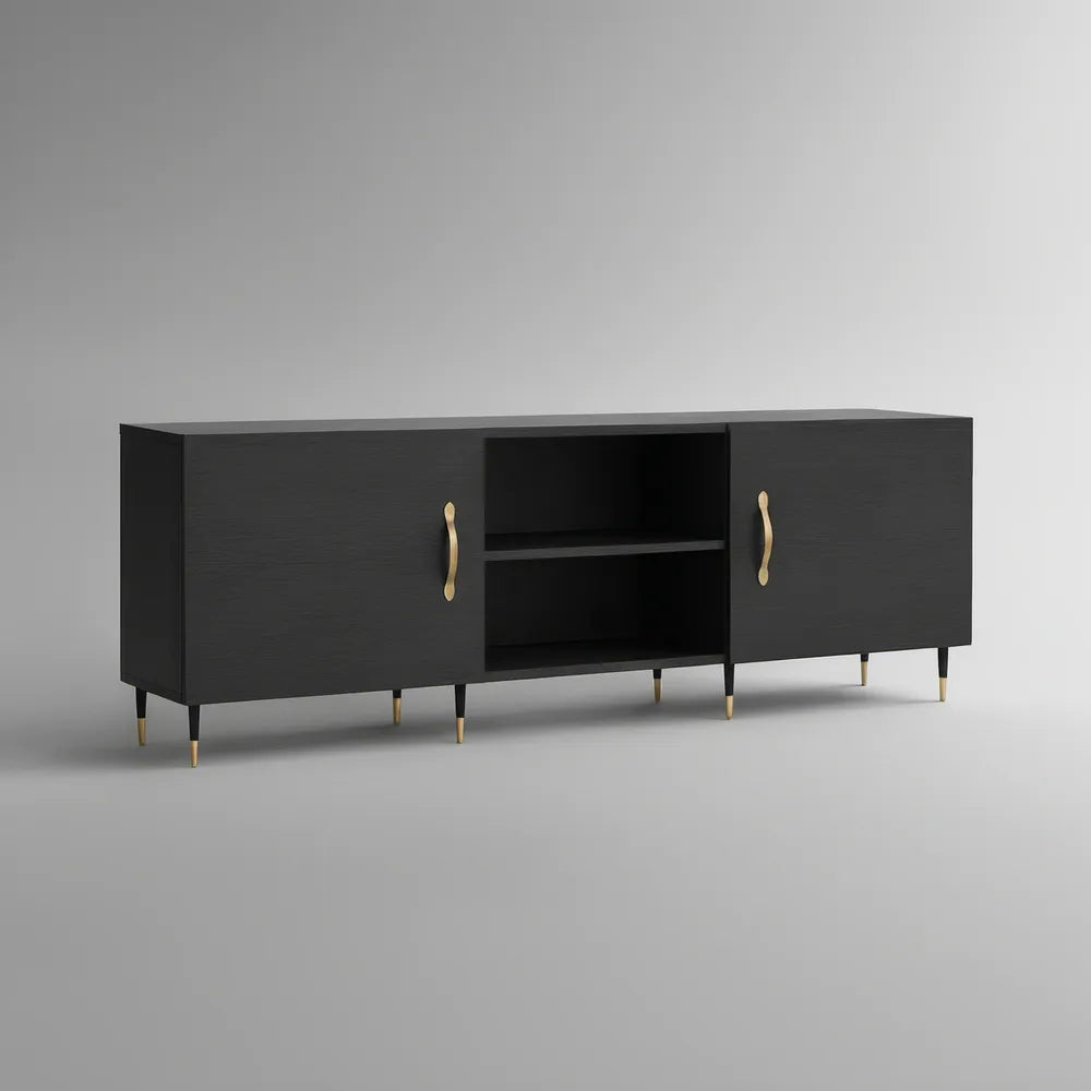 Černý TV stolek se 2 dvířky a otevřenými policemi, 160 × 40 × 60 cm