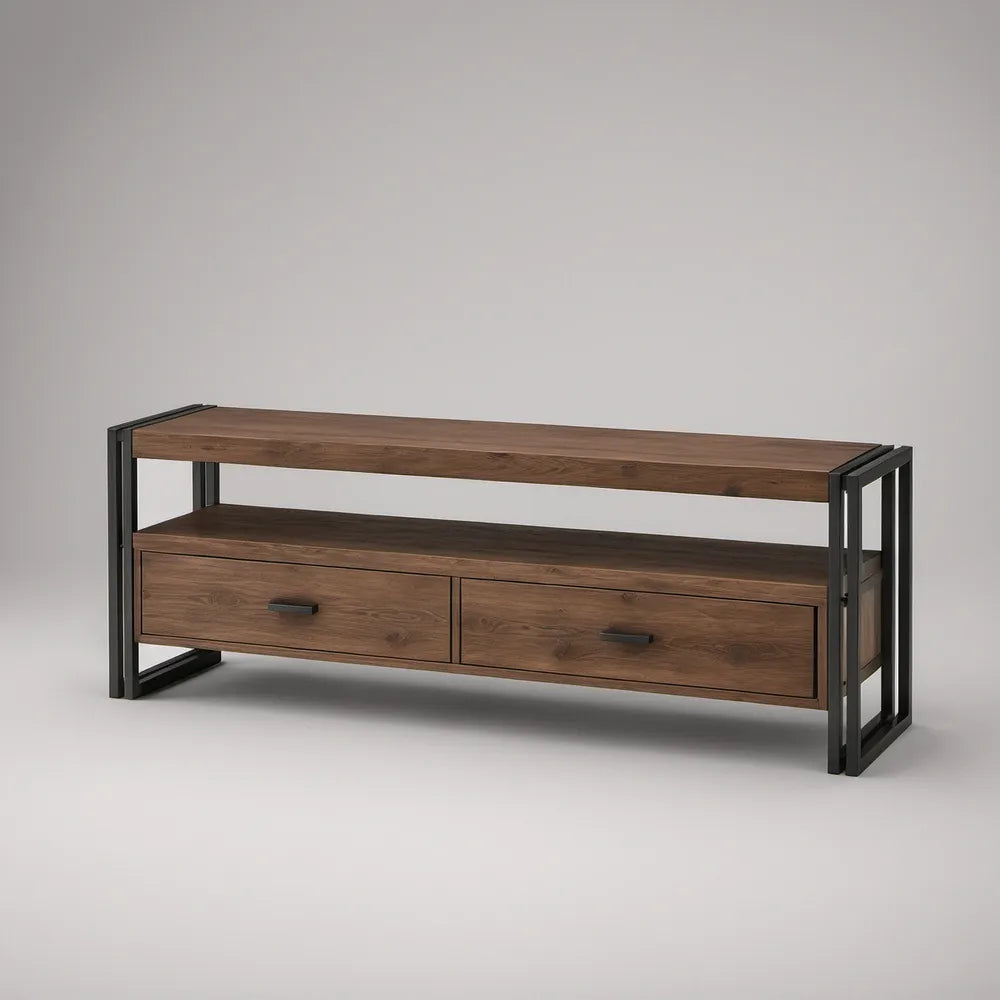 TV stolek se 2 zásuvkami a otevřenou policí, 160 × 40 × 60 cm, ořechově hnědý/černý