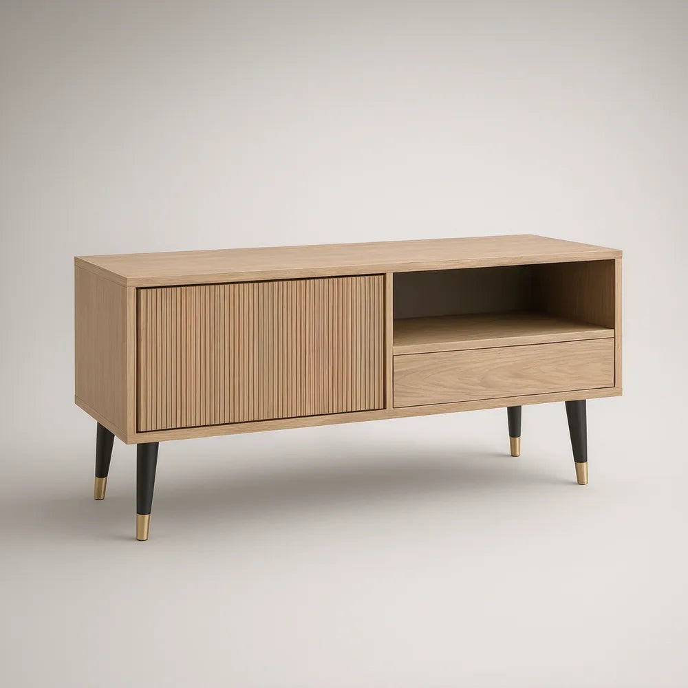 TV stolek v dekoru přírodního dubu s posuvnými dvířky a zásuvkou, 140 × 40 × 65 cm