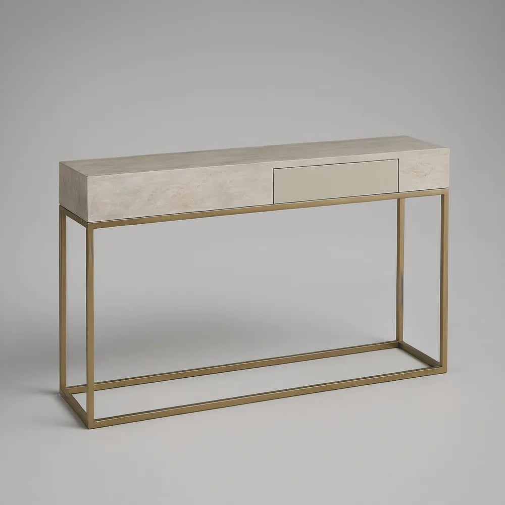 Konzolový stolek s 1 zásuvkou z MDF a oceli, béžový/zlatý, 120 x 35 x 80 cm